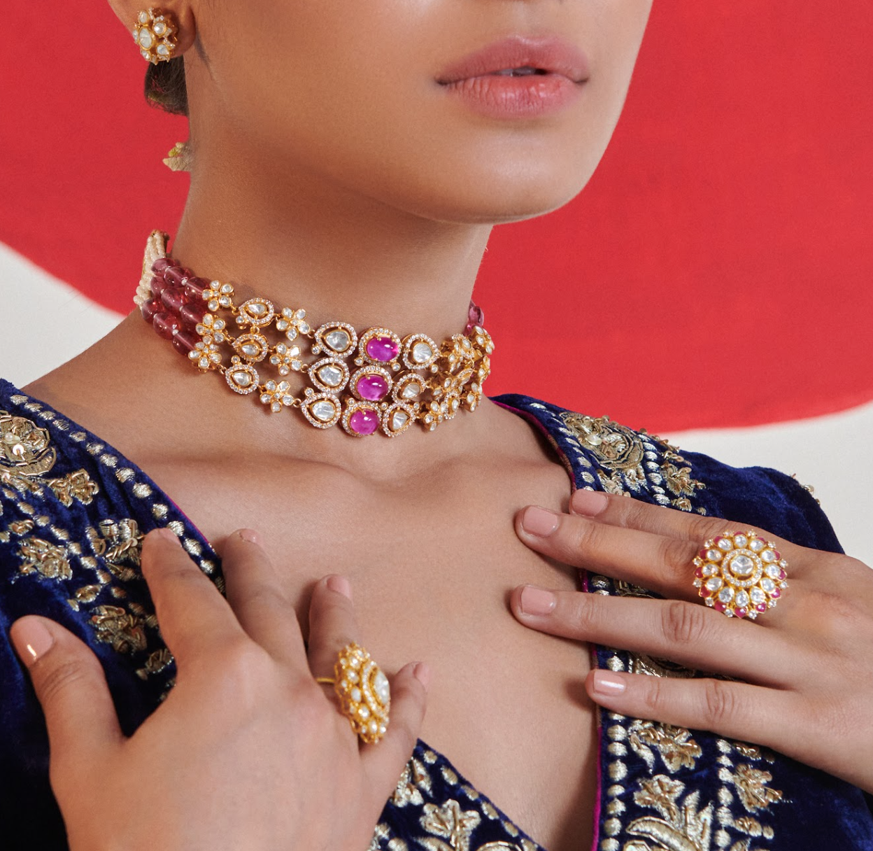 925 Silver Bijou Blush Polki Choker Necklace Set - Amrrutam Jewellery
