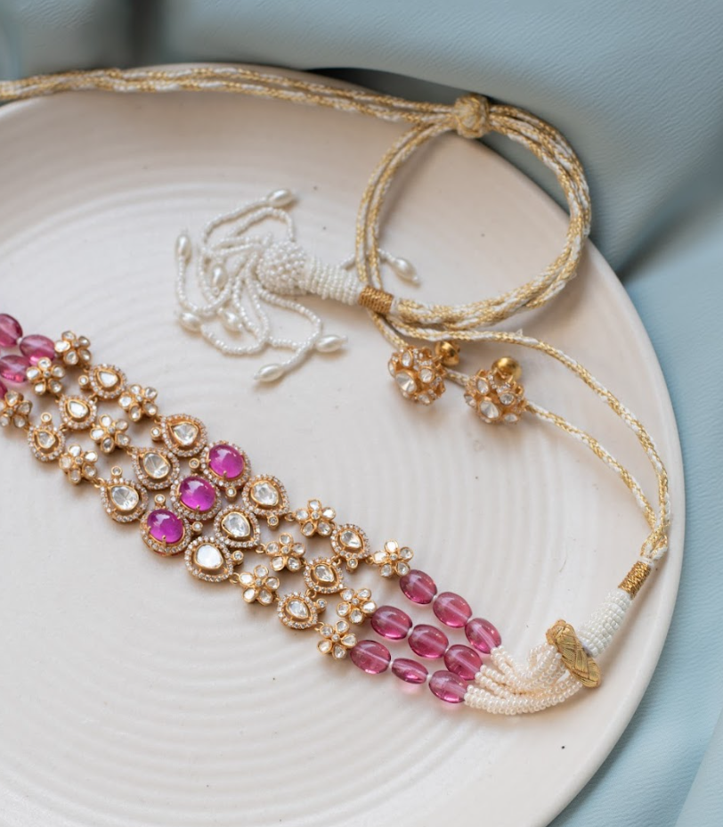 925 Silver Bijou Blush Polki Choker Necklace Set - Amrrutam Jewellery