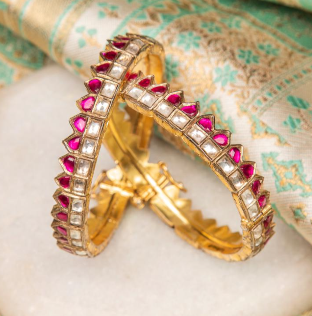 925 Silver Dashrata Ruby Polki Bangle Set - Amrrutam Jewellery