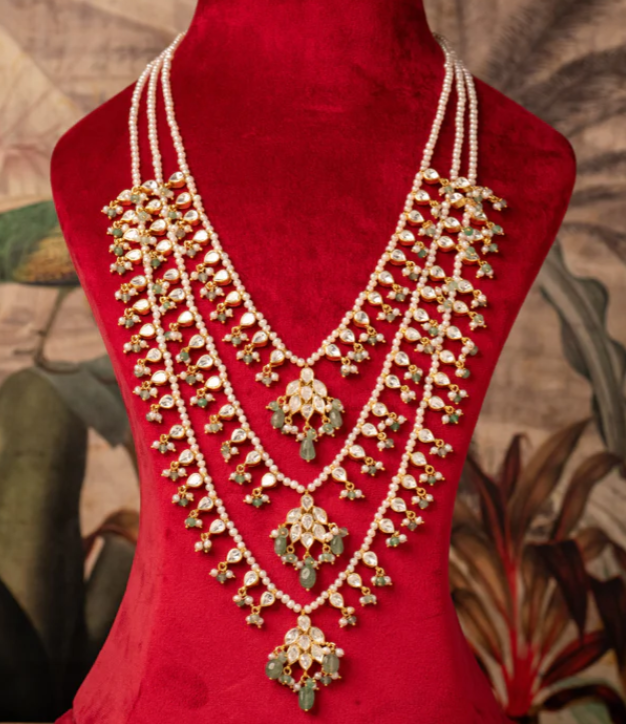 925 Silver Vimana Three Layer Polki Bridal Necklace (Teenlada) - Amrrutam Jewellery