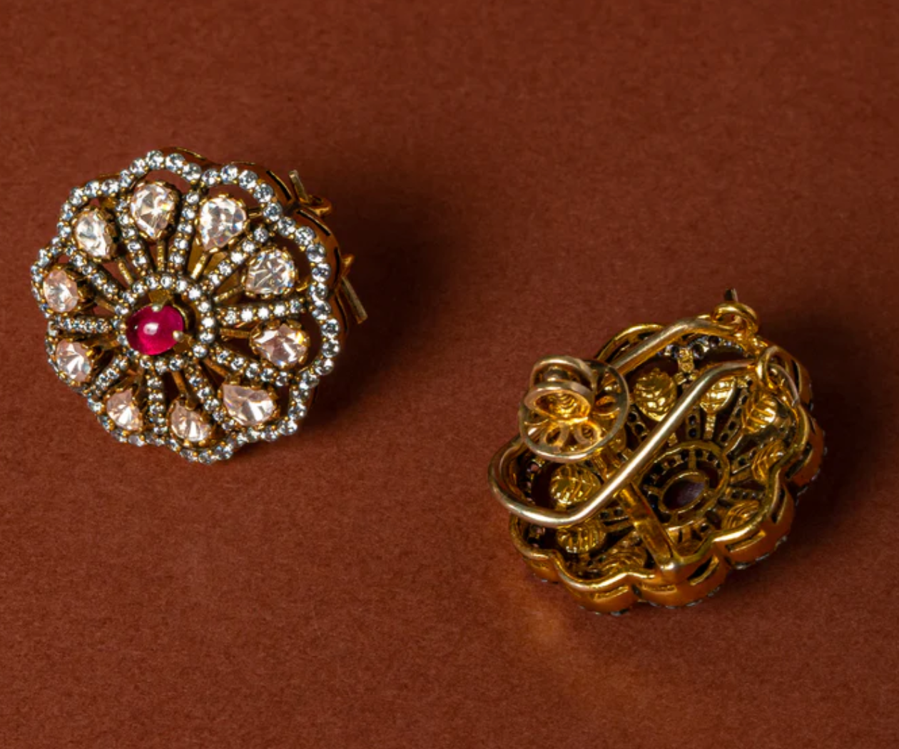 925 Silver Prakar Polki Ruby Studs - Amrrutam Jewellery