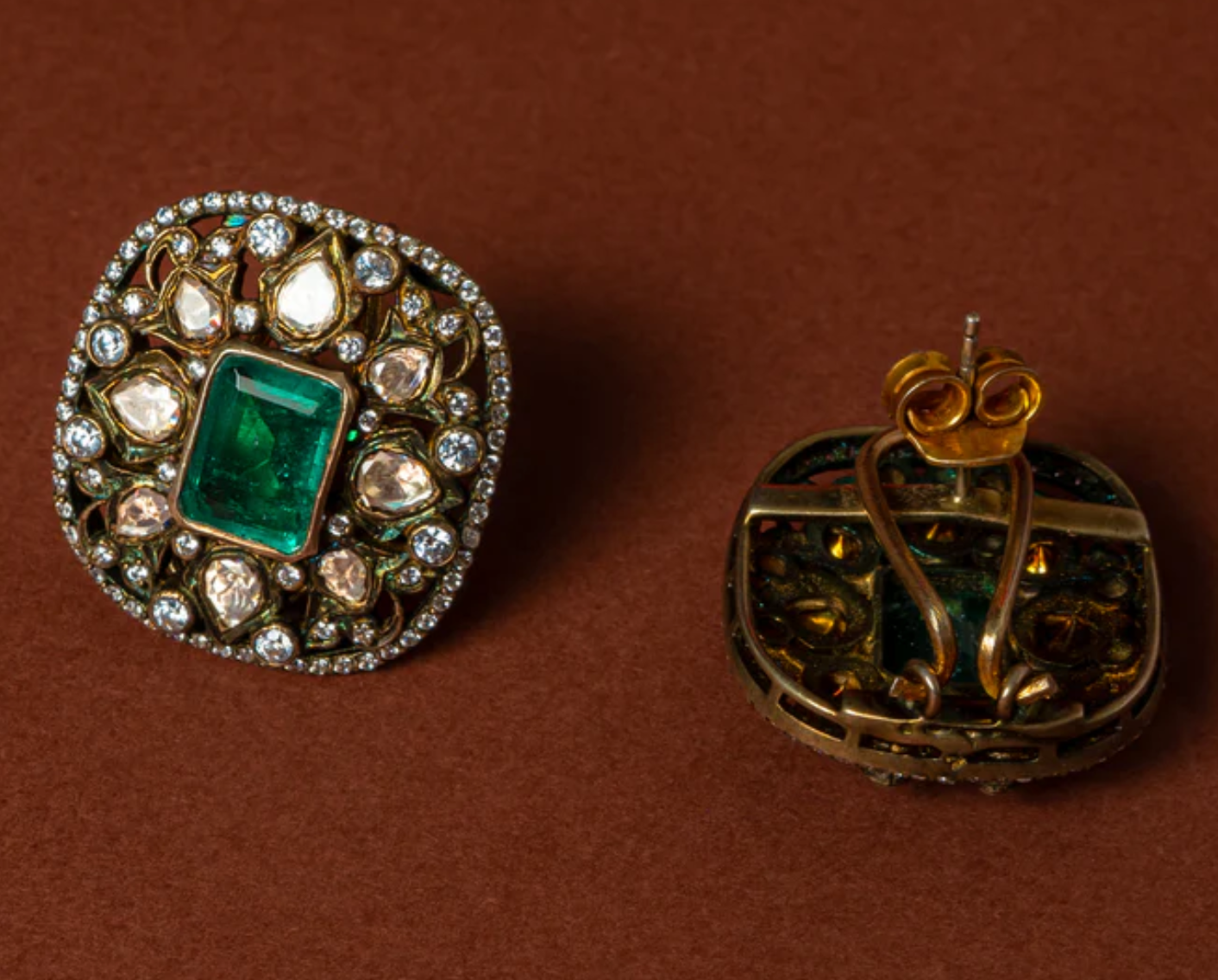 925 Silver Fizan Emerald Polki Studs - Amrrutam Jewellery