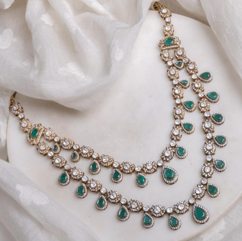 925 Silver Pavni Emerald Polki Choker Necklace Set - Amrrutam Jewellery