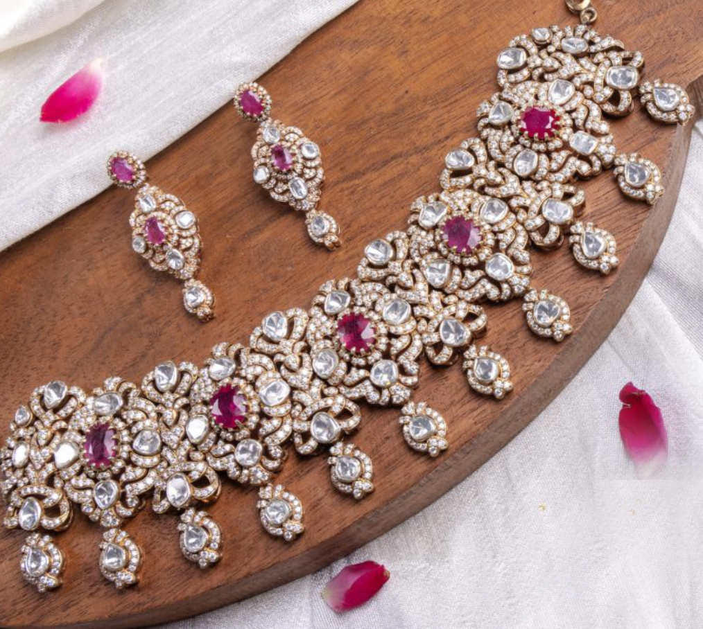 925 Silver Zoyra Ruby Polki Necklace Set - Amrrutam Jewellery