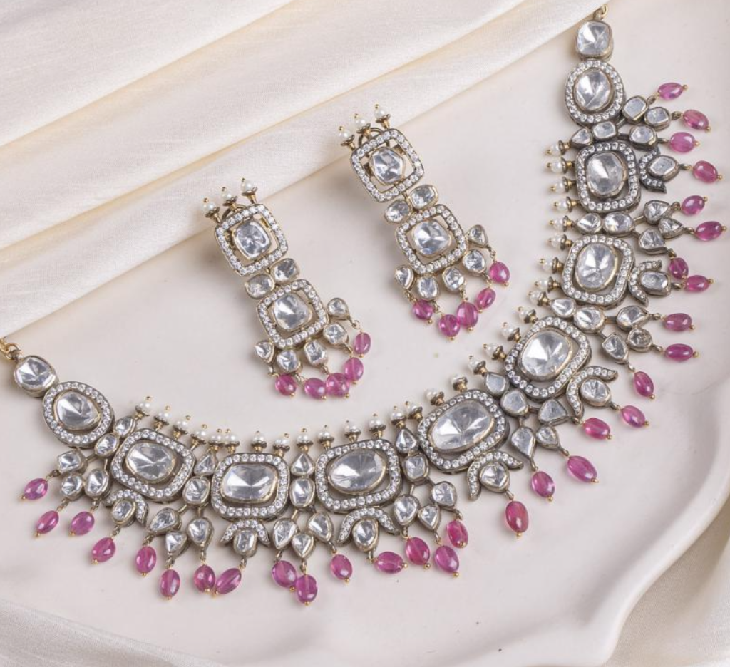 925 Silver Devasya Rani Polki Necklace Set - Amrrutam Jewellery