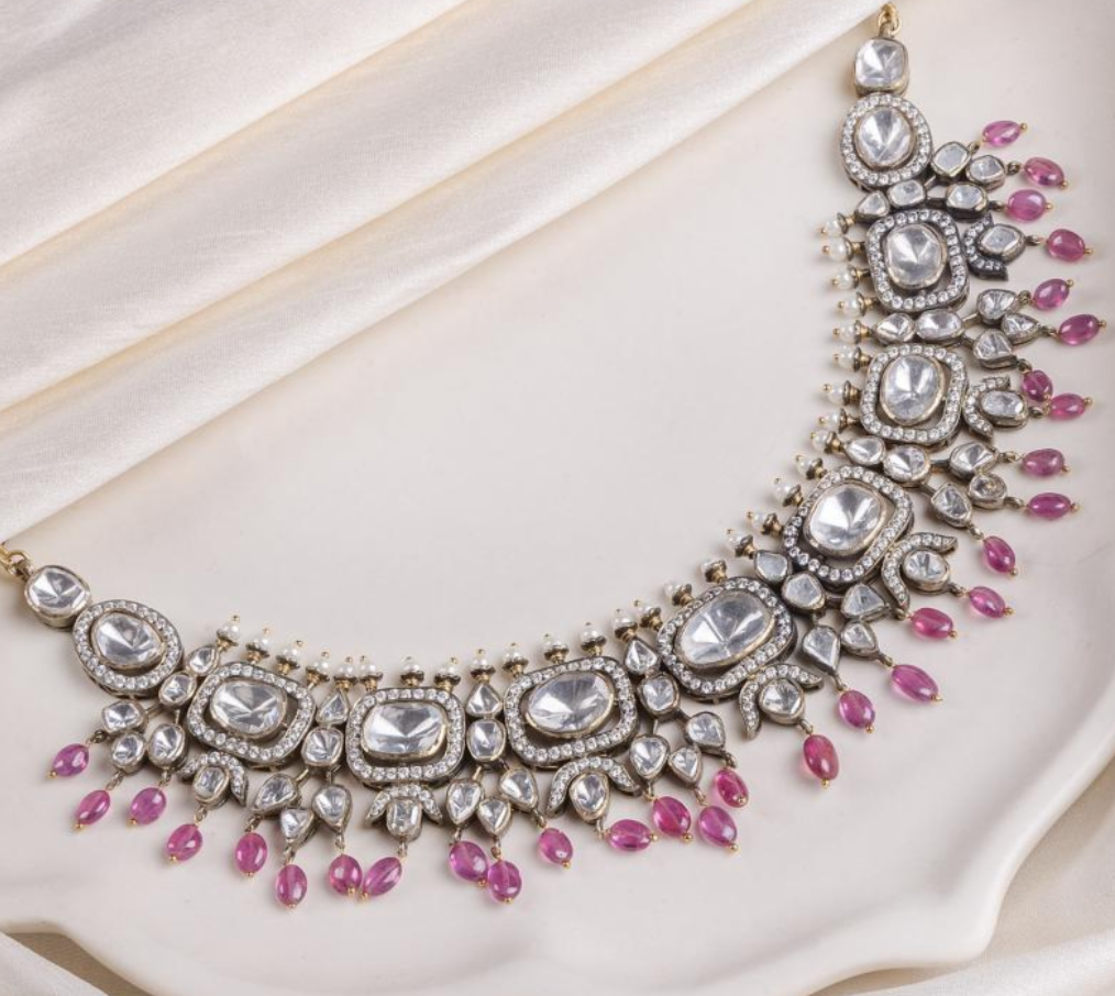 925 Silver Devasya Rani Polki Necklace Set - Amrrutam Jewellery