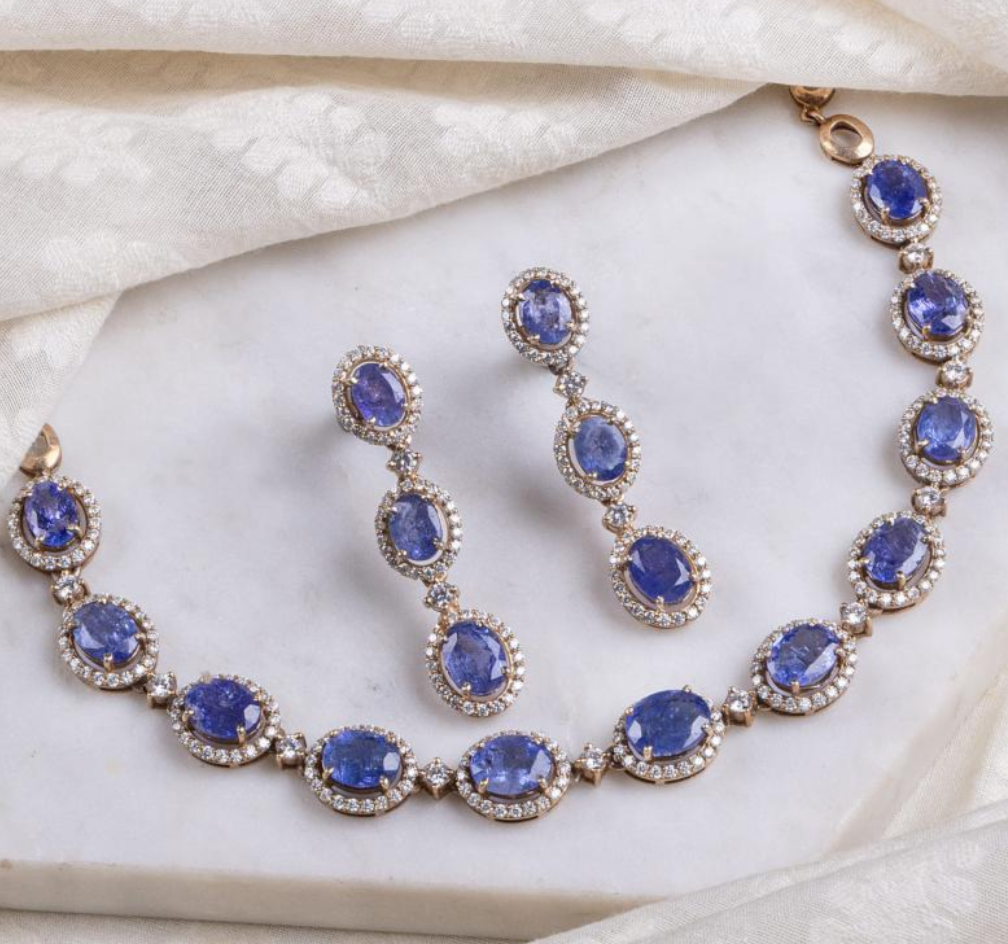 925 Silver Kimchi Tanzanite Polki Necklace Set - Amrrutam Jewellery