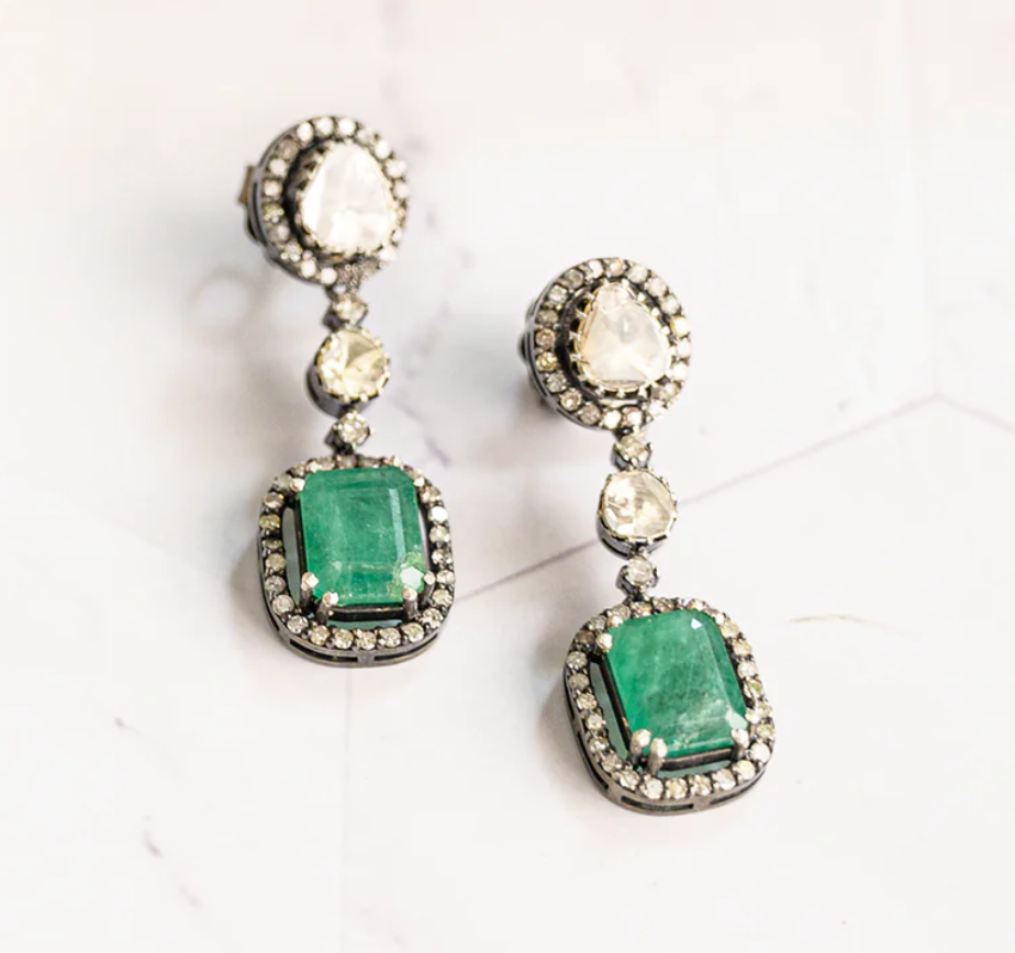925 Silver Paula Emerald Uncut Diamond Earrings - Amrrutam Jewellery
