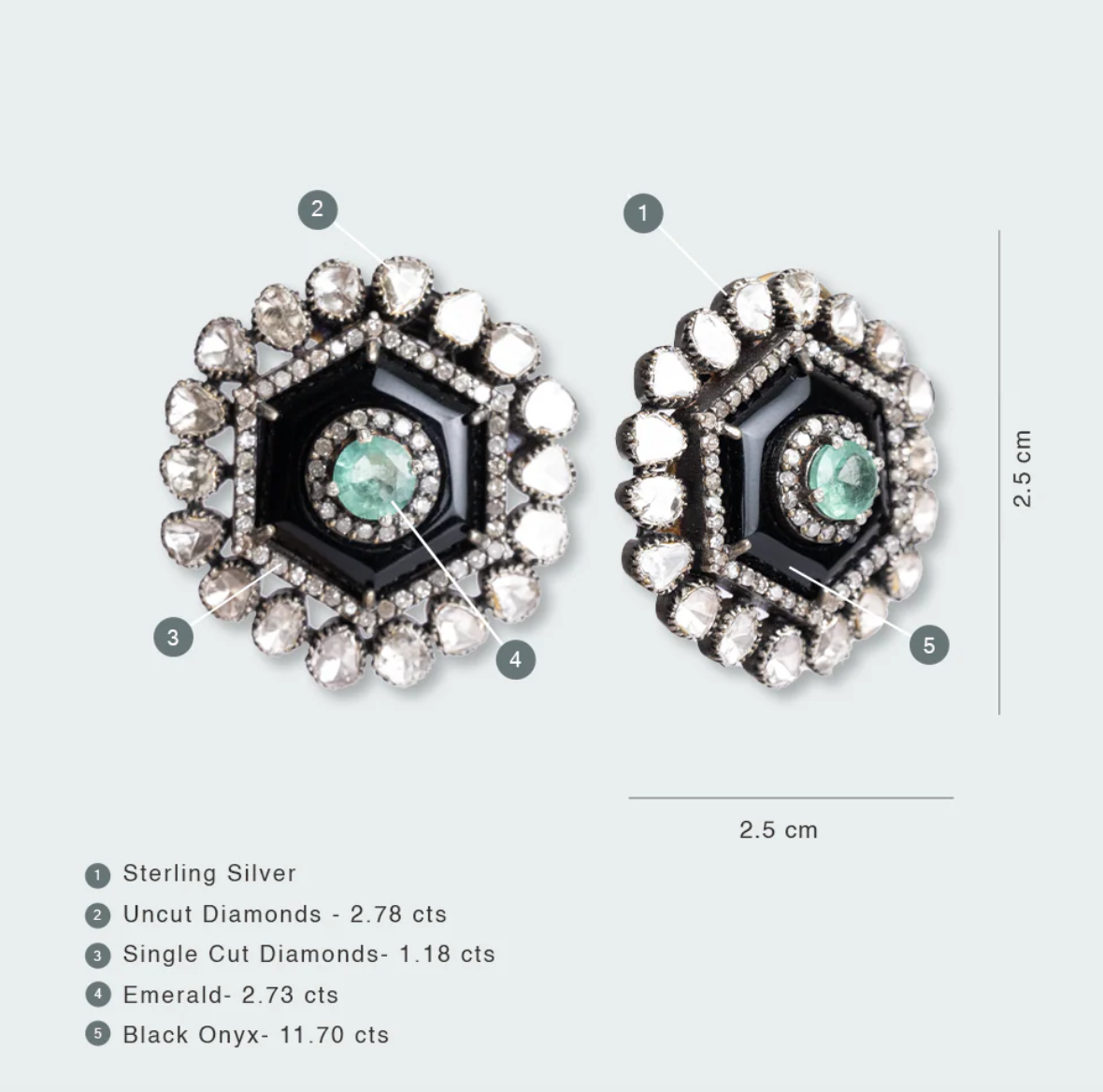 925 Silver Onyx Hexagon Uncut Diamond Stud Earrings - Amrrutam Jewellery