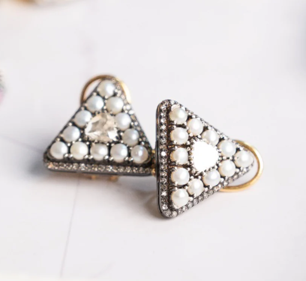 925 Silver Pearl Uncut Diamond Stud Earrings - Amrrutam Jewellery