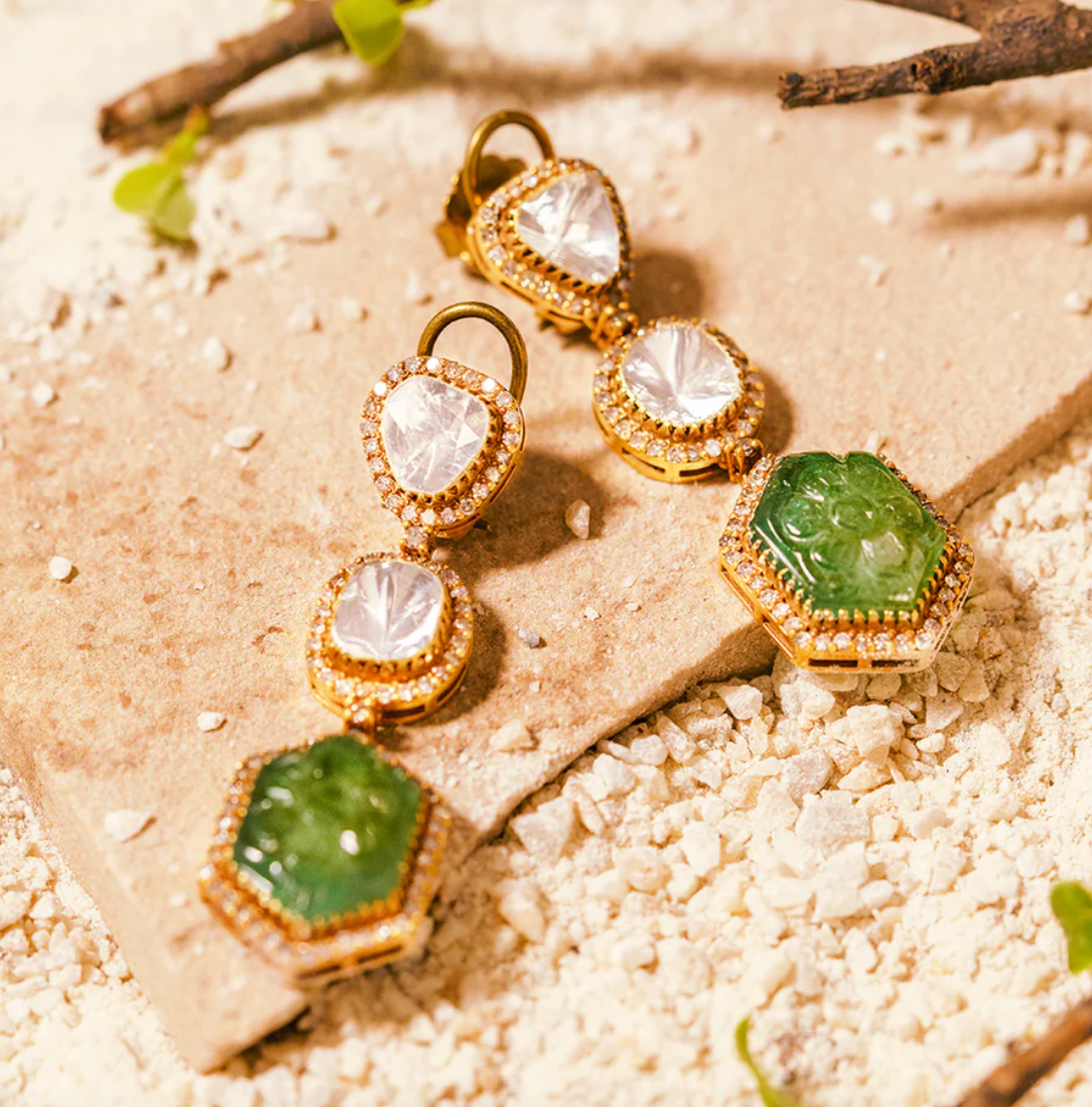 925 Silver Minoza Emerald Uncut Diamond Earrings - Amrrutam Jewellery