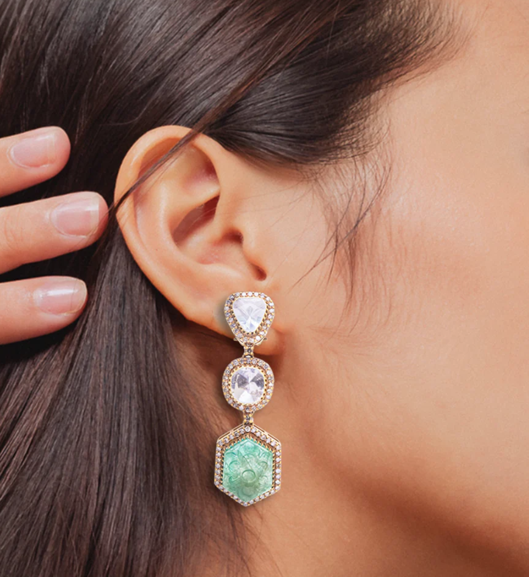 925 Silver Minoza Emerald Uncut Diamond Earrings - Amrrutam Jewellery