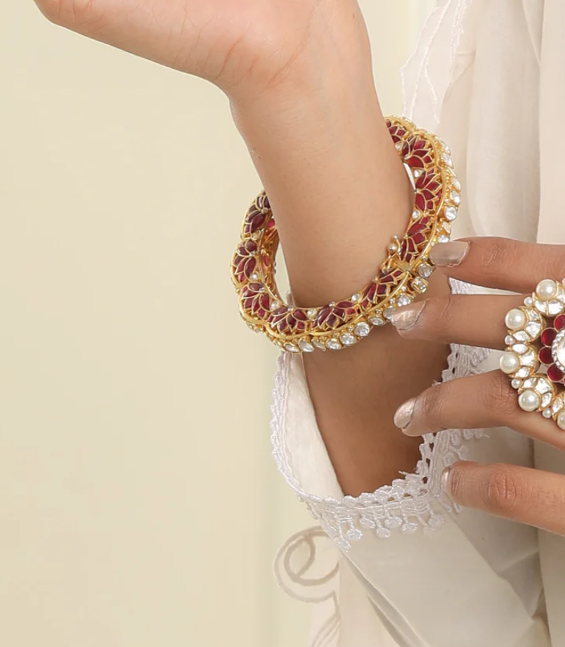 925 Silver Vaidaya Ruby Polki Bangle - Amrrutam Jewellery