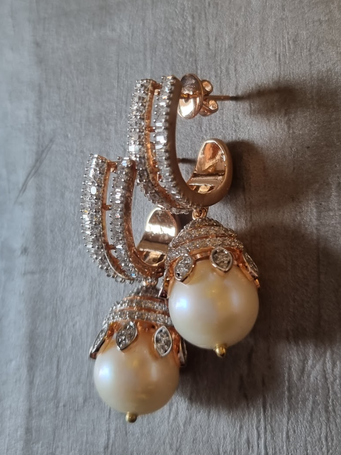 925 Silver Baguette Pearl Hoop Earrings - Amrrutam Jewellery