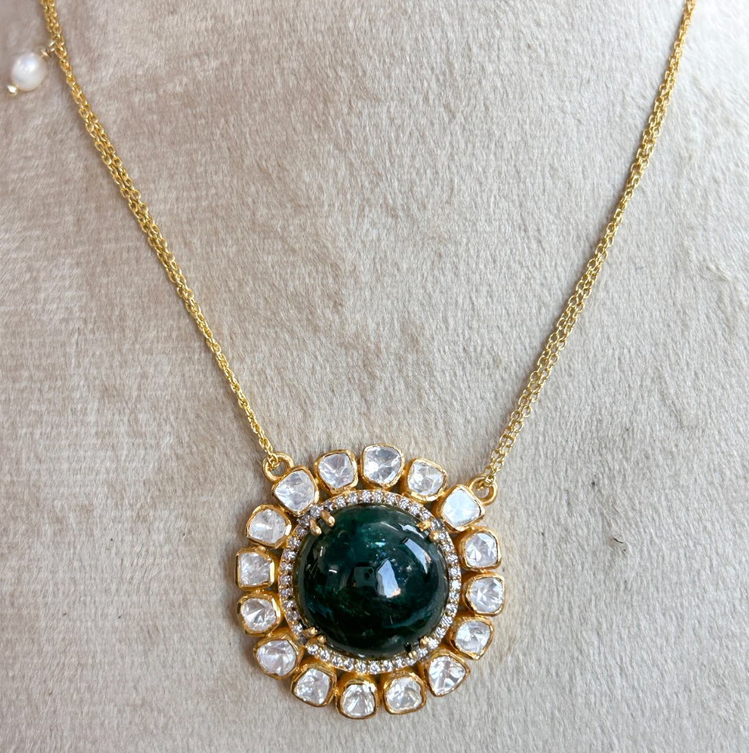 925 Silver Green Tourmaline Moissanite Pendant Necklace - Amrrutam Jewellery