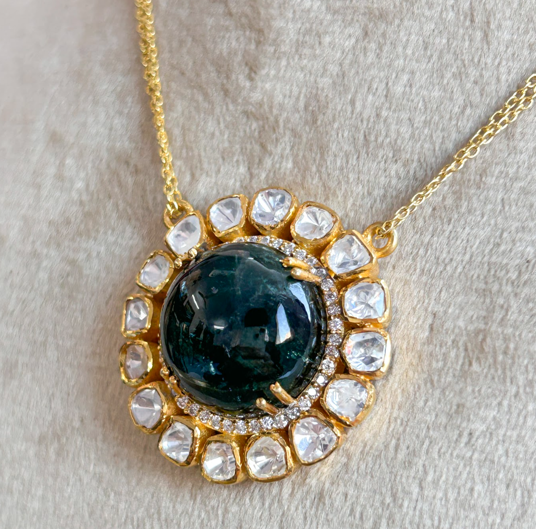 925 Silver Green Tourmaline Moissanite Pendant Necklace - Amrrutam Jewellery