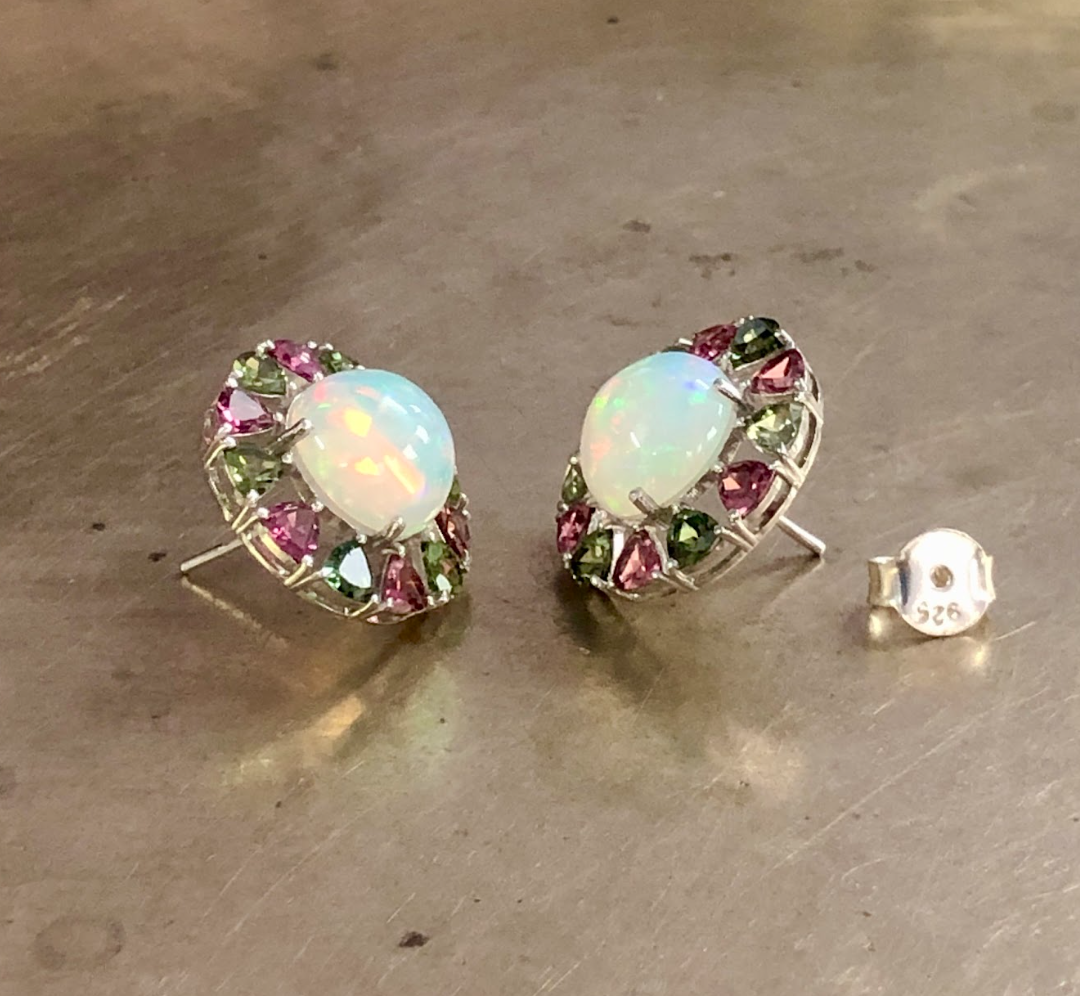 925 Silver Opal & Tourmaline Stud Earring - Amrrutam Jewellery