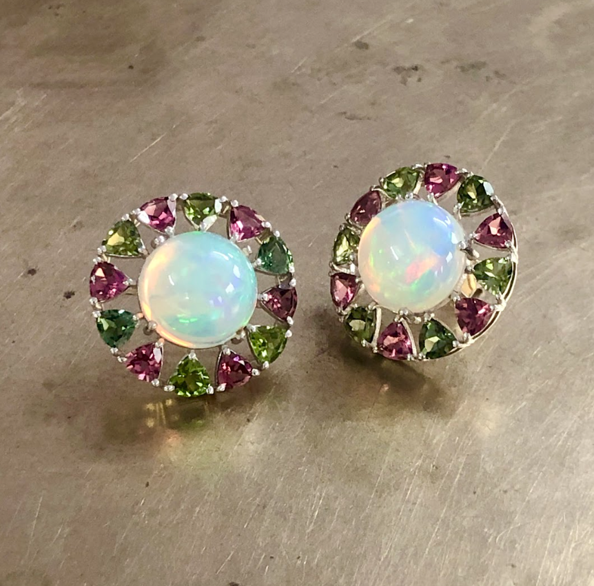 925 Silver Opal & Tourmaline Stud Earring - Amrrutam Jewellery