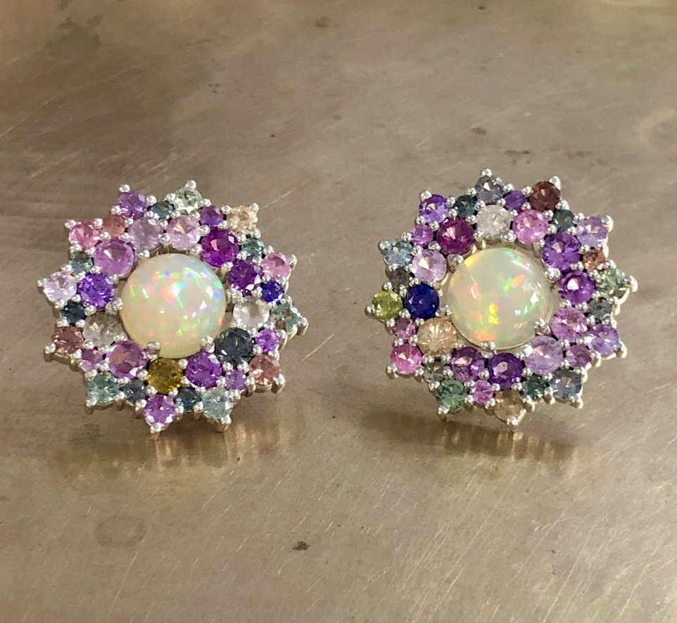 925 Silver Opal & Sapphire Stud Earring - Amrrutam Jewellery
