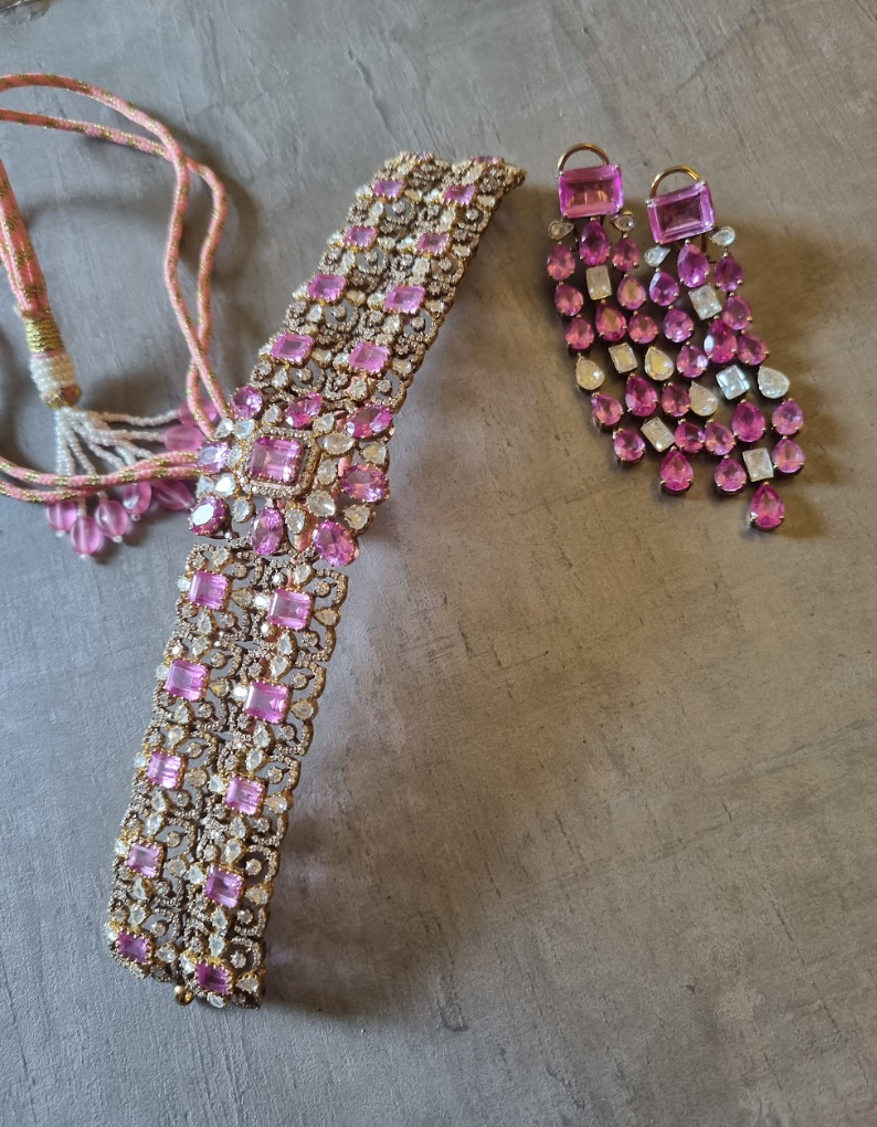 925 Silver Tiara Pink Chandelier Earring