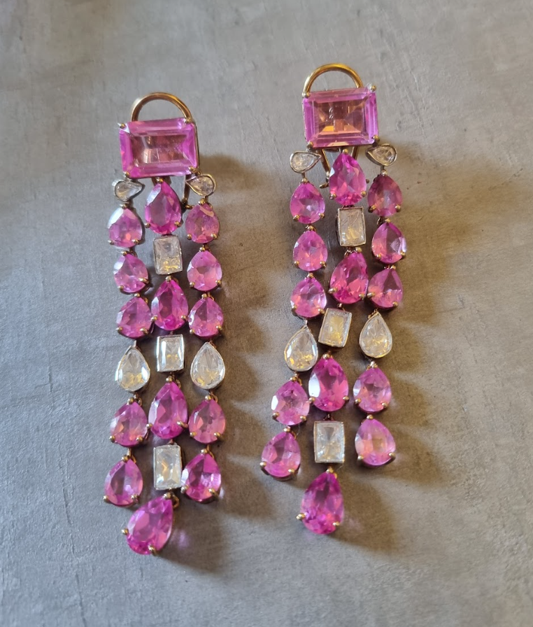 925 Silver Tiara Pink Chandelier Earring