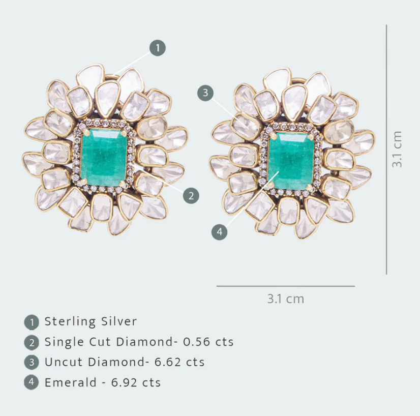 925 Silver Emerald and Uncut Diamond Stud Earring - Amrrutam Jewellery
