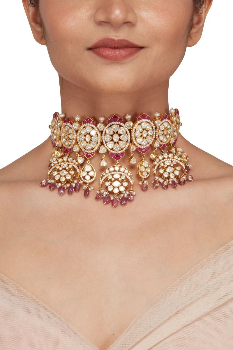 925 Silver Polki Ruby Choker Necklace - Amrrutam