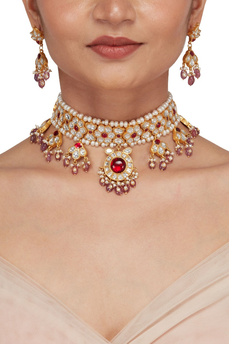 Red Floral 925 Silver Choker Necklace - Amrrutam