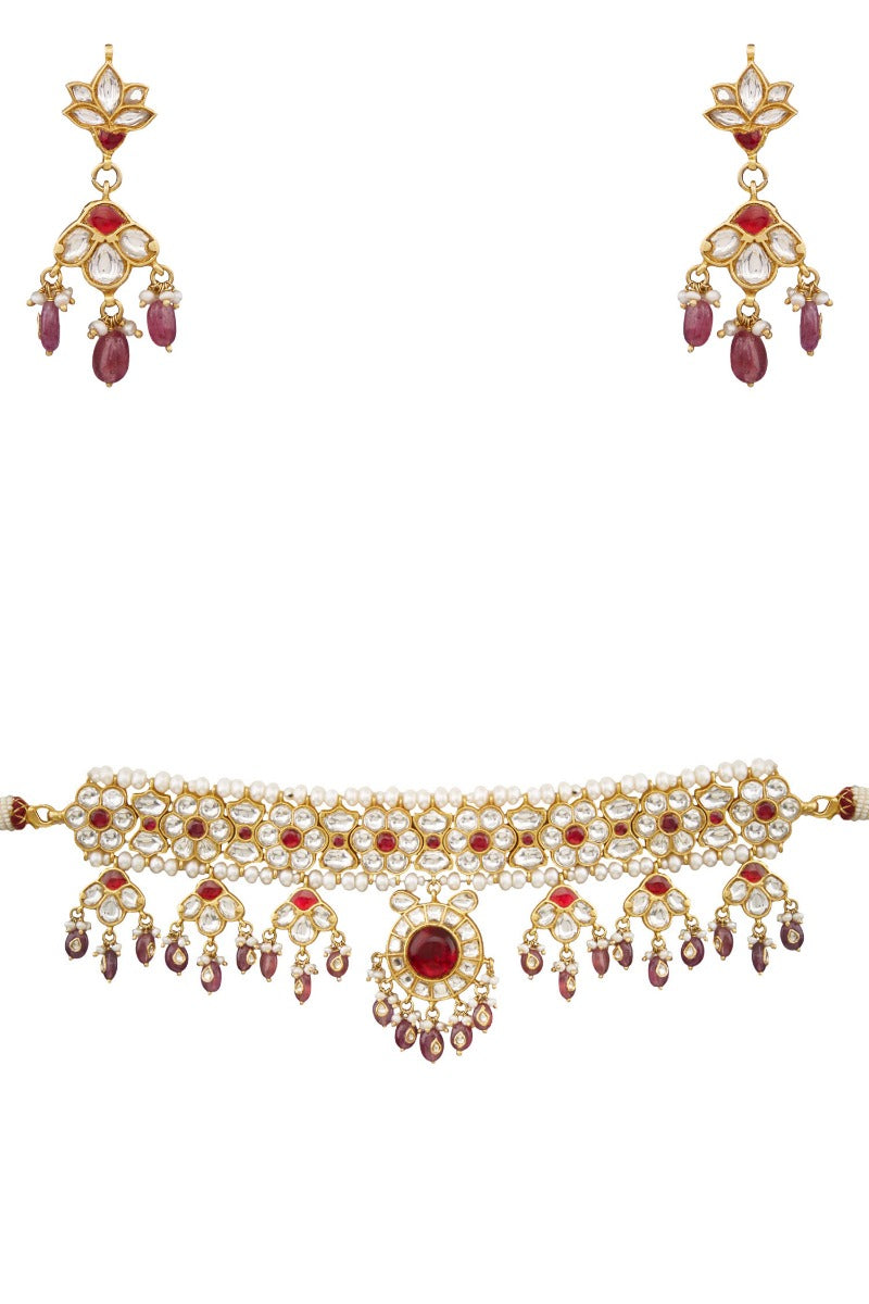 Red Floral 925 Silver Choker Necklace - Amrrutam