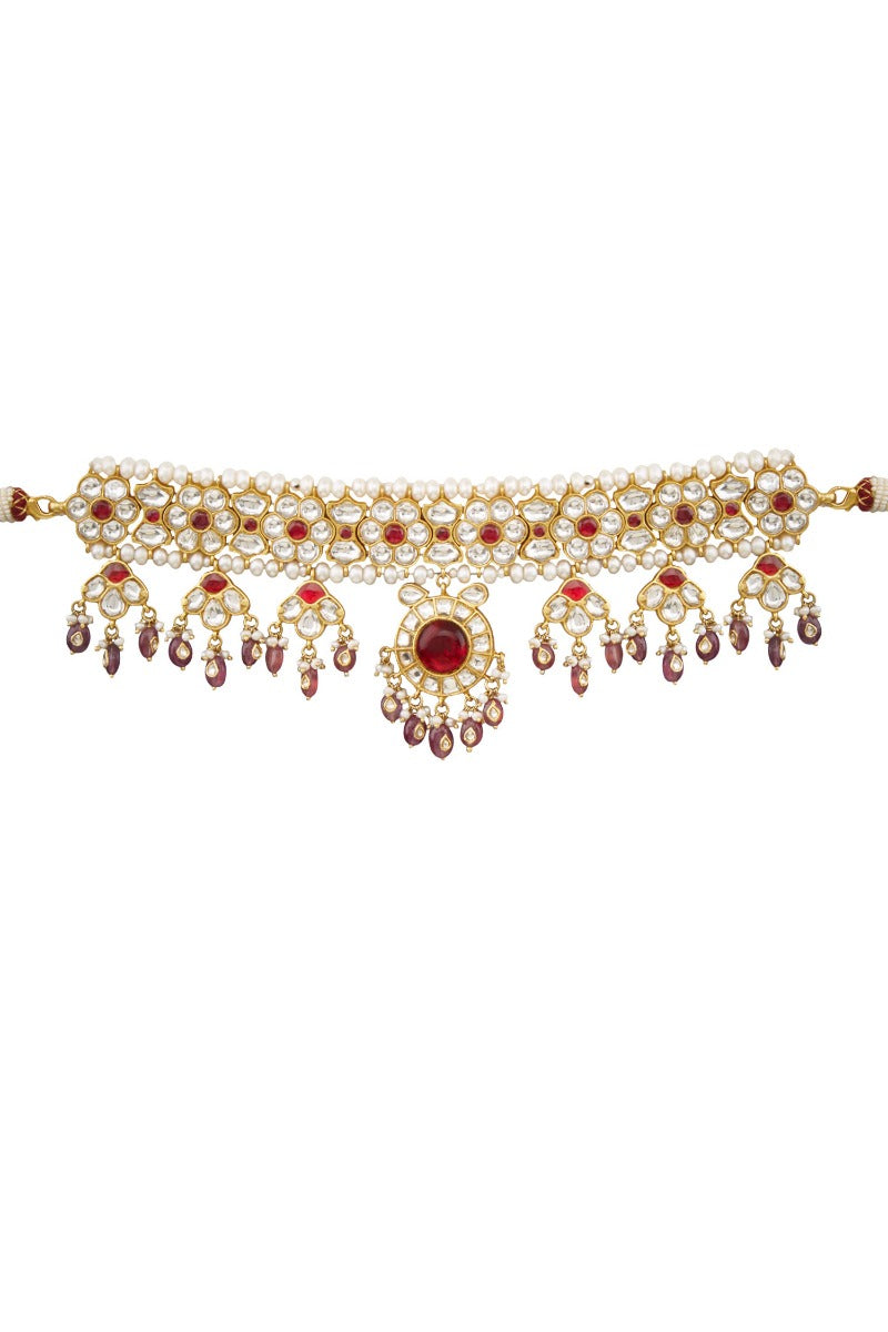 Red Floral 925 Silver Choker Necklace - Amrrutam