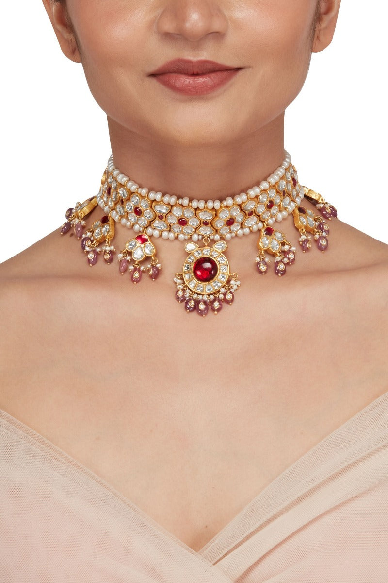 Red Floral 925 Silver Choker Necklace - Amrrutam