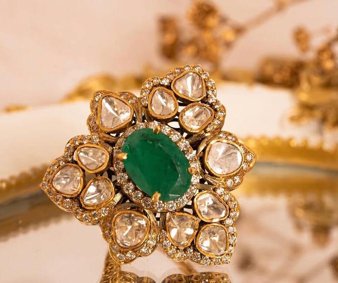 925 Silver Kasha Emerald Polki Ring